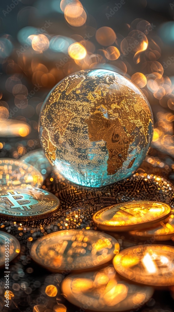 Crystal globe on many digital coins, Economic inflation, new digital financial trend, Crystal globe on many digital coins, Economic inflation, new digital financial trend,