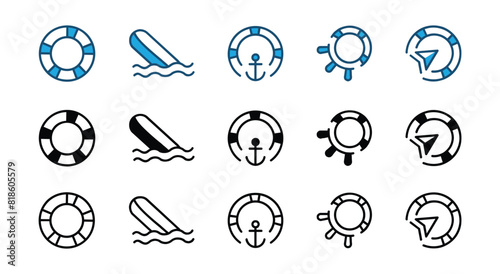  Life buoy thin line icon with steering wheel, anchor, compass, wave, and wind rose for help, support, service.