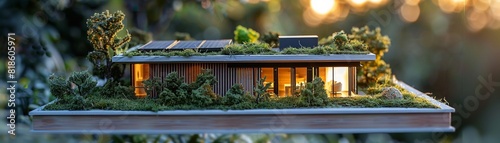 Model ecofriendly house with solar power and green roof, a small footprint in a serene natural setting