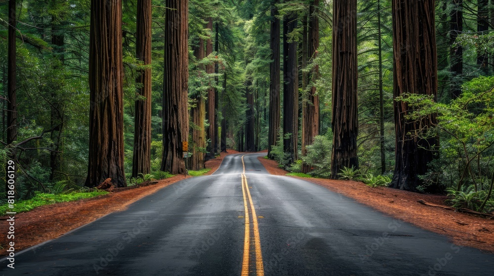 A road surrounded by redwood trees, Calm and serene beauty A road surrounded by redwood trees, Calm and serene beauty