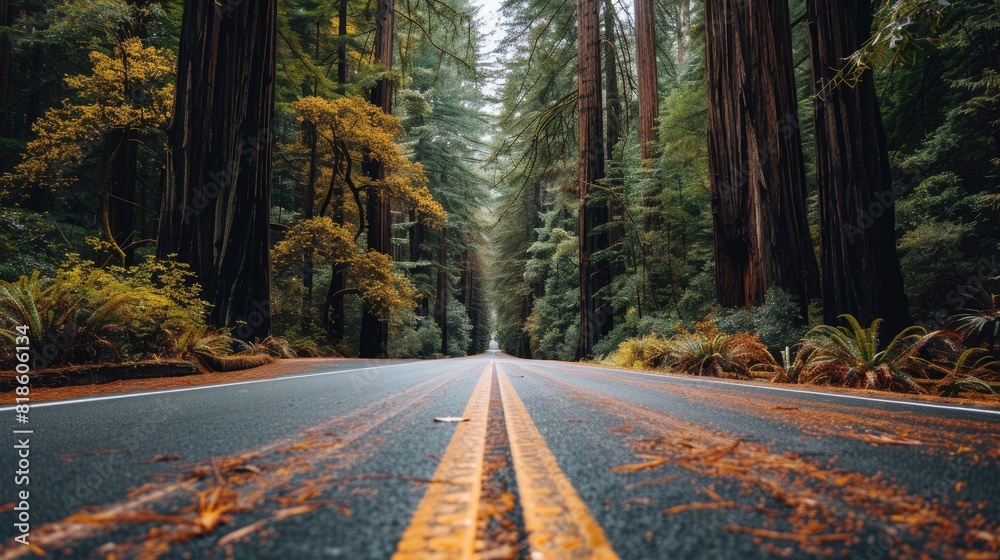 Obraz premium A road surrounded by redwood trees, Calm and serene beauty