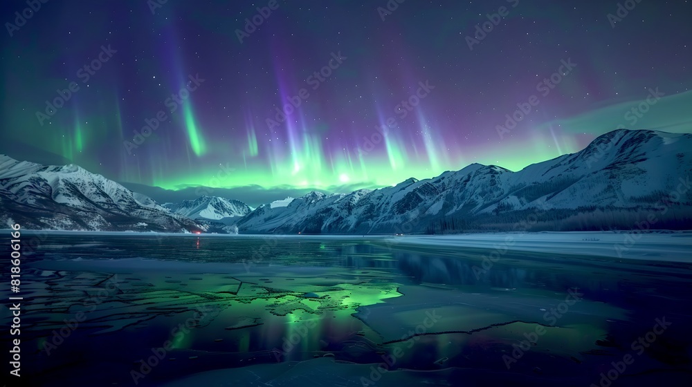 Majestic Northern Lights Dancing over Snowy Mountains. A Serene Arctic Scene with Starry Sky. Ideal for Nature Backgrounds and Travel Promotions. AI