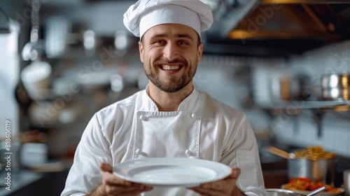 A smiling chef holding a white plate. Holds an empty plate. Cooking chef with empty plate