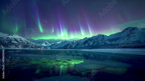 Majestic Northern Lights Dancing over Snowy Mountains. A Serene Arctic Scene with Starry Sky. Ideal for Nature Backgrounds and Travel Promotions. AI