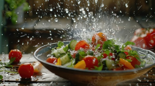 A bowl of salad with a lot of water splashing out of it