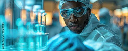 A close-up shot of a scientist in protective gear, wear blue medical gloves, applying blue liquid to vials on the production line at his laboratory during science and medical research