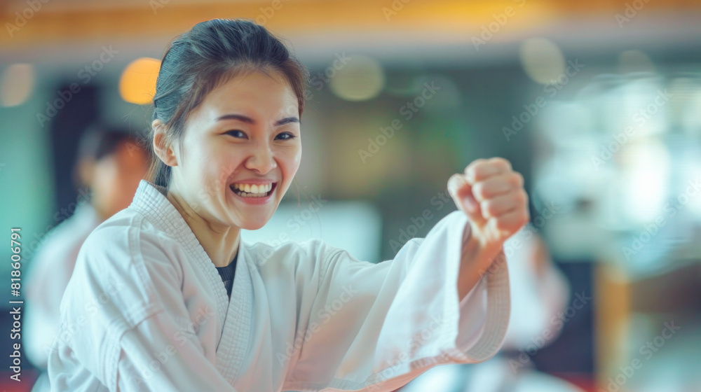 Happy woman in karate gi punching forward during training session Happy woman in karate gi punching forward during training session