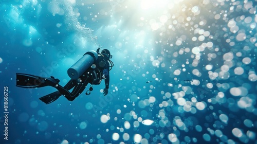 Scuba diver ascending towards sunlight in clear blue water © Irina B