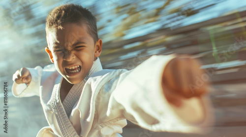 Boy in karate gi performing a punch with a fierce expression and blurred background
