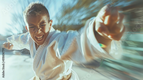 Young boy in a karate gi throwing a powerful punch with fierce expression and motion blur background photo