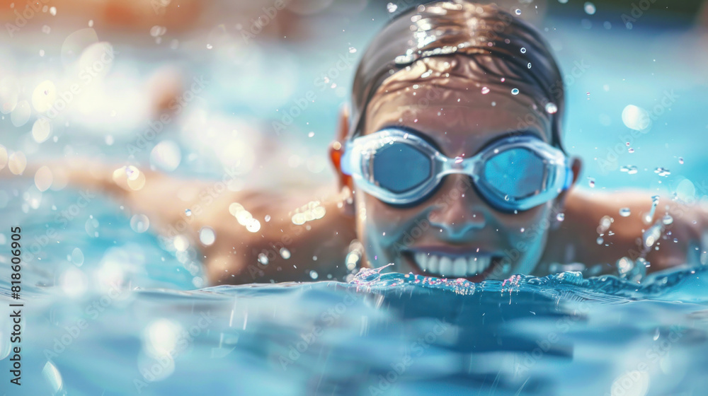 Smiling swimmer in goggles swimming freestyle with water splashes and bokeh effect