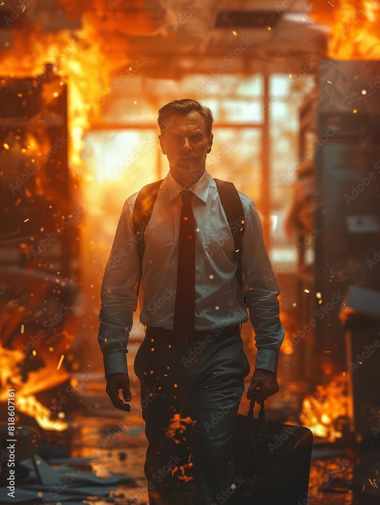A professional man in a white shirt and tie walks through a burning office building. He is carrying a briefcase and looks determined. A professional man in a white shirt and tie walks through a burning office building. He is carrying a briefcase and looks determined.