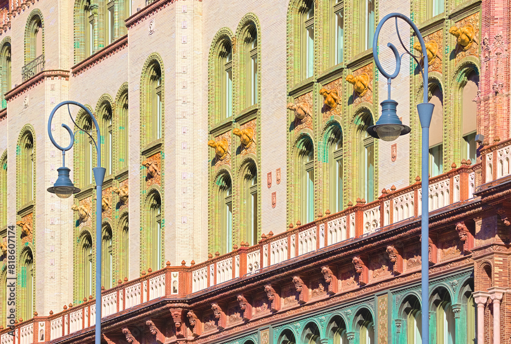 Picturesque facade of a building in Art Nouveau style, Hungary, Budapest.