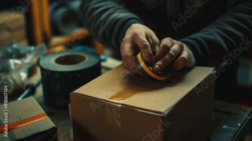 Precision packing scene with hands applying glue tape to a cardboard box, capturing the meticulous sealing process photo