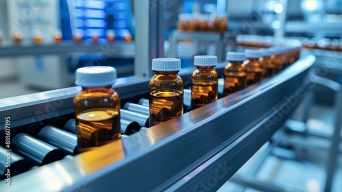 Wallpaper Mural Precision-engineered conveyor belt transporting small glass medicine bottles, highlighting pharmaceutical industry standards Torontodigital.ca