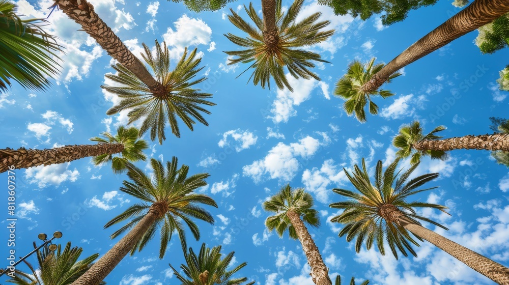 Picturesque palm trees framed by a perfect blue sky, looking up from below, highlighting tropical elegance Picturesque palm trees framed by a perfect blue sky, looking up from below, highlighting tropical elegance