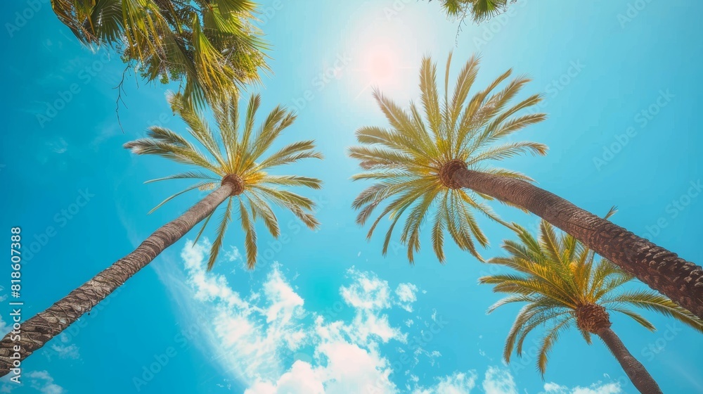 Picturesque palm trees framed by a perfect blue sky, looking up from below, highlighting tropical elegance Picturesque palm trees framed by a perfect blue sky, looking up from below, highlighting tropical elegance
