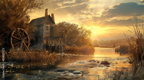 Picturesque salt mill with a water wheel, grinding cane in a serene setting, detailed ancient machinery, sunset lighting