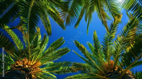 Palm fronds reaching for the sky  captured from a low angle  deep blue sky and bright sunlight