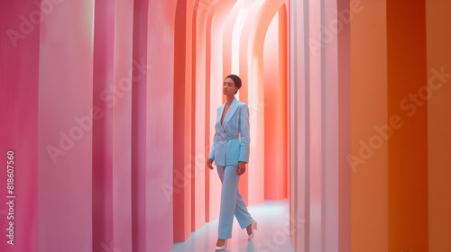  Woman Walking Through Vibrant Colorful Hallway in Stylish Outfit..