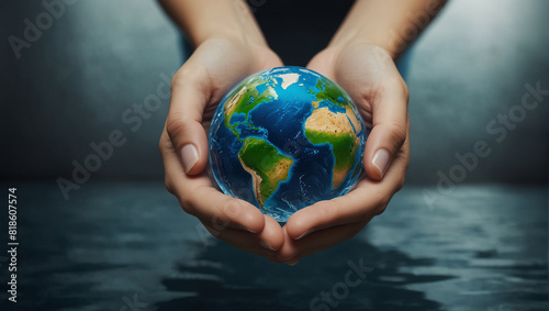 A blue and green globe with water gently dripping onto it.