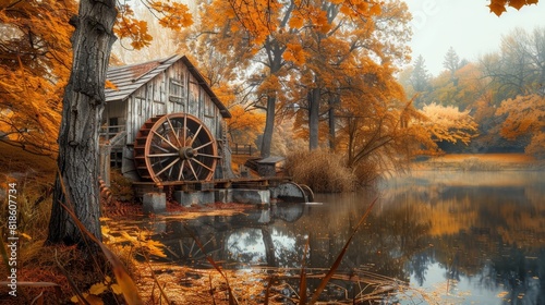 Old-fashioned salt mill set in a countryside landscape, water wheel grinding cane, historical machinery at work, autumn colors photo