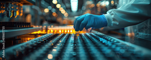 A close-up shot of a scientist in protective gear, wear blue medical gloves, applying blue liquid to vials on the production line at his laboratory during science and medical research photo