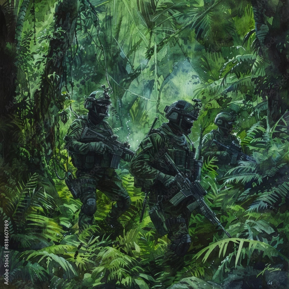 A team of soldiers cautiously advances through the dense jungle, their weapons at the ready