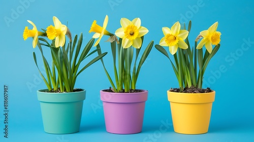 Yellow sprind daffodils planted in colorful pots isolated on the blue background