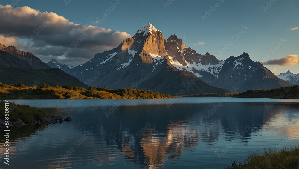 The image shows a mountain range with snow-capped peaks, with a lake in the foreground reflecting the mountains.

