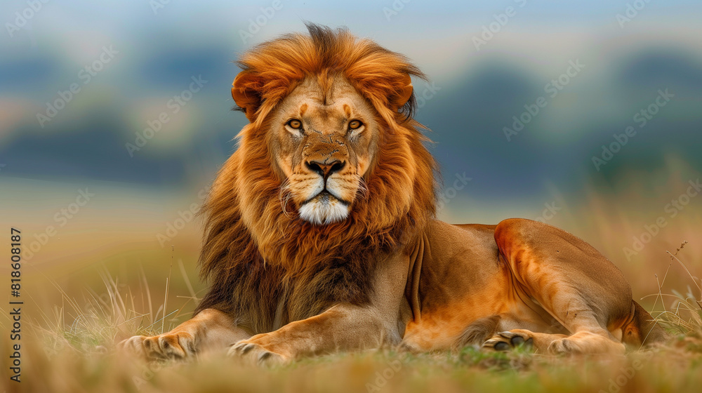 Obraz premium A regal lion relaxes in the golden grasslands of the African savannah during sunset, exuding strength and tranquility amid a serene backdrop. Generative AI