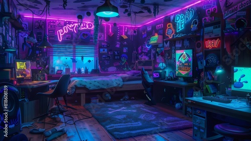 Neon-lit bedroom with animated characters having a dance party, whimsical and vibrant setting for a joyful scene