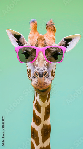 A quirky giraffe stands out against a vibrant green background while wearing stylish pink sunglasses  adding a cool and playful touch to the scene. Generative AI