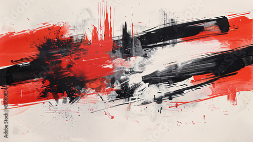 A bold abstract watercolor painting on canvas with strong, contrasting strokes of black, white, and red