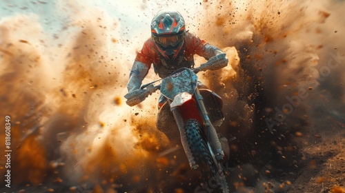 Thrilling Style Motocross Racer Soaring Through Dust Filled Air in High Outdoor Adventure