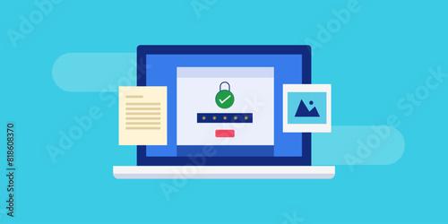Online storage security with encrypted data protection, access to digital document with password login, cyber technology vector illustration.
