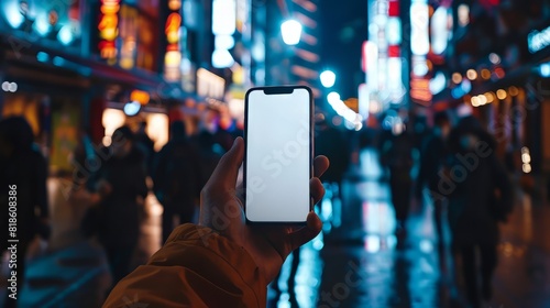 hand holding a smartphone in the middle of a busy city street at night.