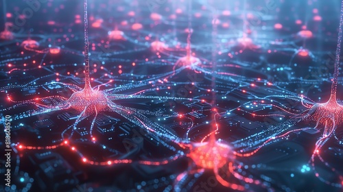 Aerial view of interconnected neural networks in a digital cityscape