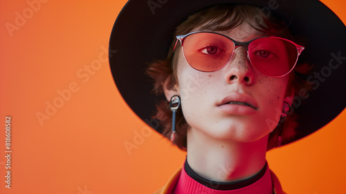 A young man exudes a sense of cool confidence in a stylish hat and sunglasses against a vibrant orange background. Generative AI