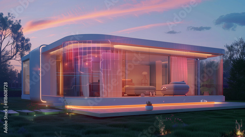 This description captures the essence of a futuristic, illuminated house at night, emphasizing its modern, innovative, and eco-friendly features © Pavel Lysenko