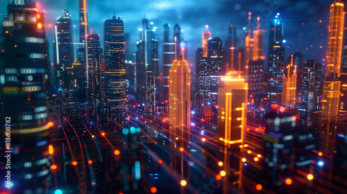 A mesmerizing futuristic city comes alive at night. Neon lights in blue, orange, and red outline the skyscrapers, creating a vibrant and dynamic urban landscape. Generative AI