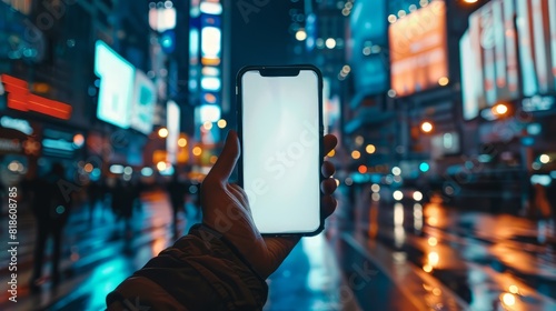hand holding a smartphone in Times Square, New York City. The screen is blank.