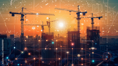 During the golden hour, construction cranes perch atop buildings under construction, accompanied by an infographic overlay