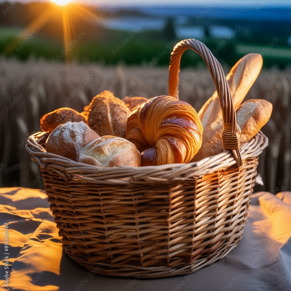 basket with bread,A rustic woven basket overflows with freshly baked pastries and bread
