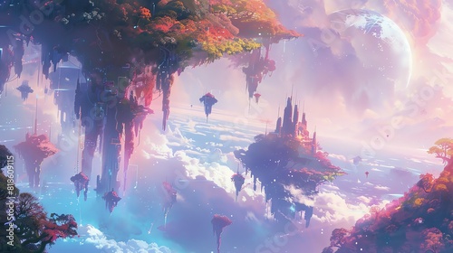 Panoramic view of a fantastical world where majestic floating islands blend with advanced robots photo