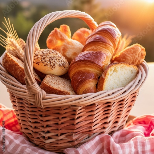 basket of fresh baked croissants,A rustic woven basket overflows with freshly baked pastries and bread