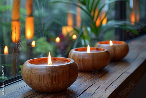 Wooden bowls with burning candles on the windowsill. The coziness of home.