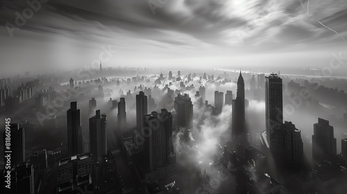 Panoramic view of a fog-covered cityscape  black and white photography  high contrast  sharp architectural lines  dramatic shadows cast by tall buildings  timeless urban atmosphere