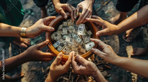 People of all ages and races are shown reaching into a communal bowl filled with money. The money is in various denominations, and the people are all smiling and appear to be happy. The image is taken