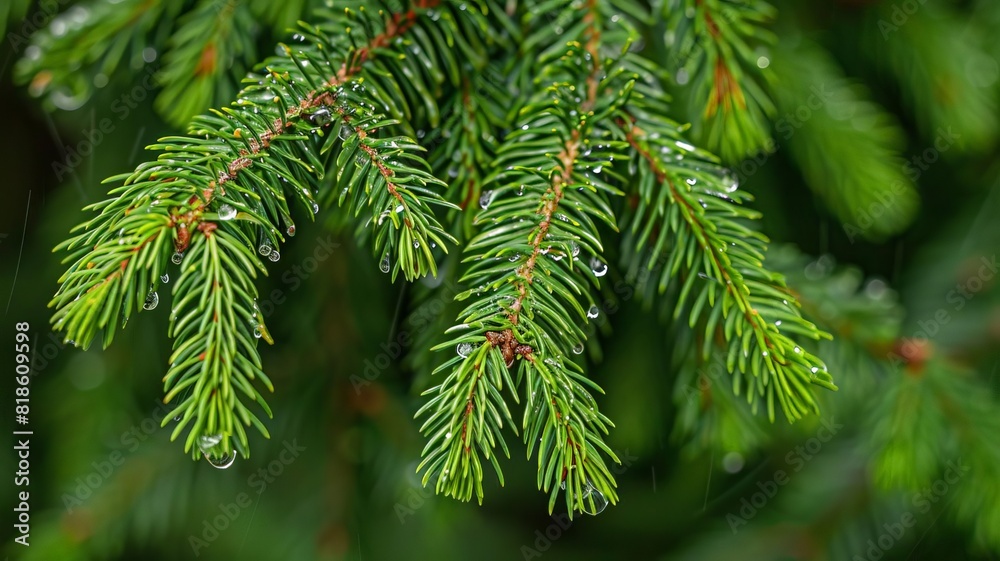 A close-up of an evergreen branch with lush, dark green needles glistening with dew,